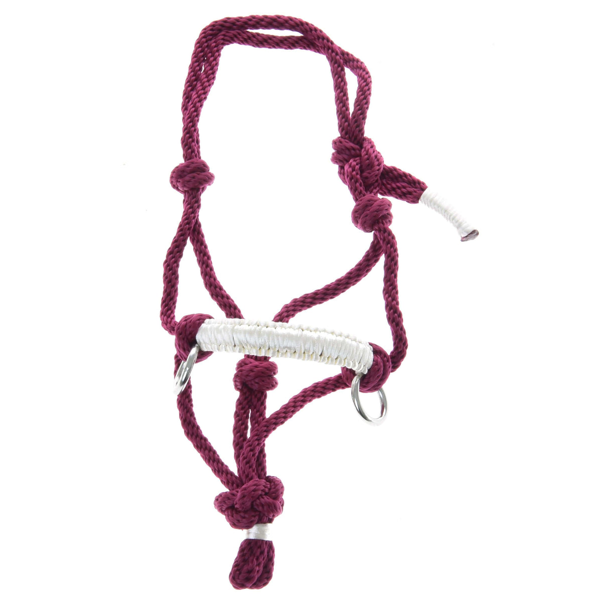 Hobby Horse csomózott kötőfék Czi-Czi fehér háttéren kiterítve: bordó csomós kötél, fehér orrszíj és két ezüst karika
