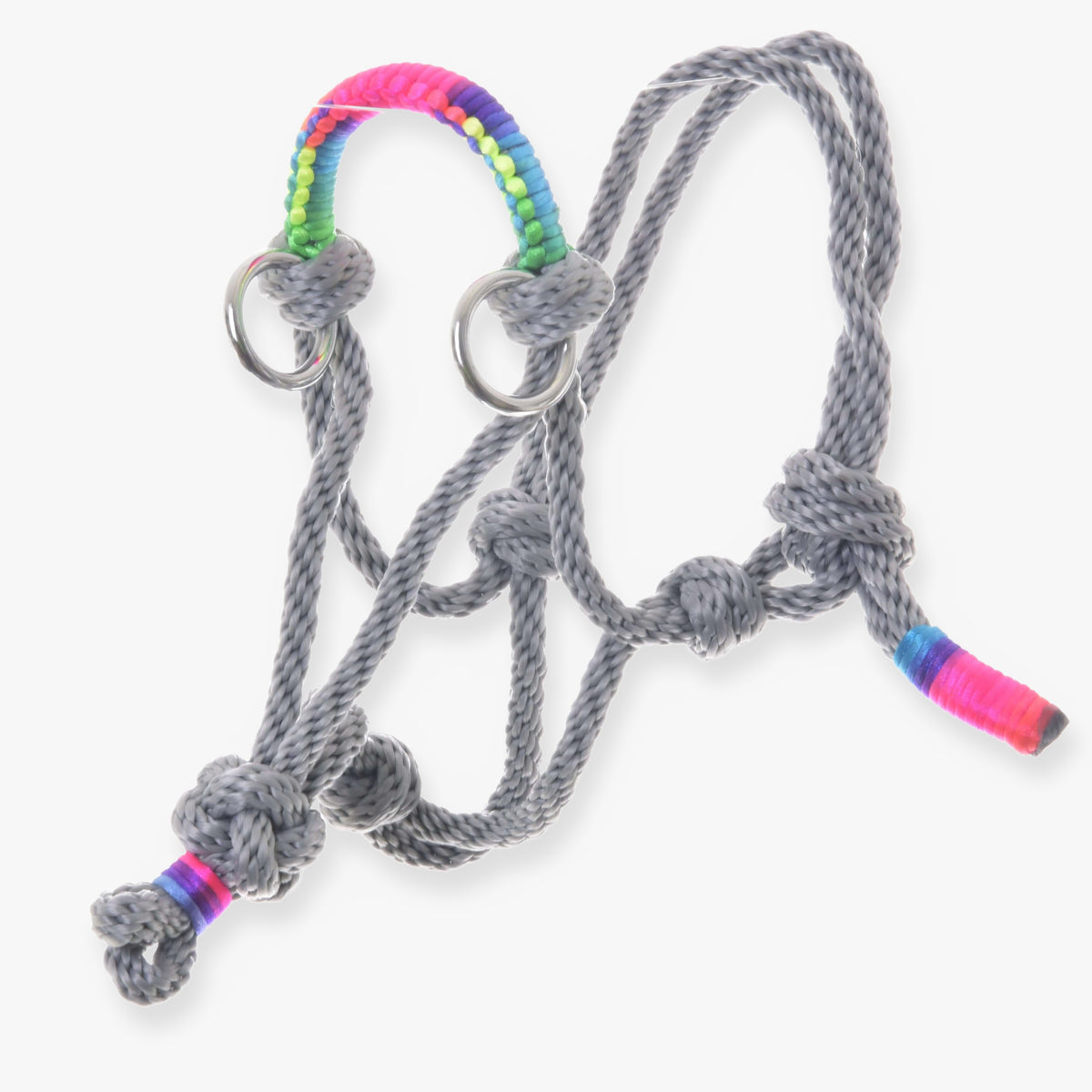 Hobby Horse Rope halter Manhattan by LarDen, grey knotted rope with a rainbow wrapped noseband and silver rings