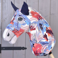 Hobby Horse Protective suit Blue Jungle (Lycra) by LarDen fitted over the head, blue and red palm leaves on white, navy ears