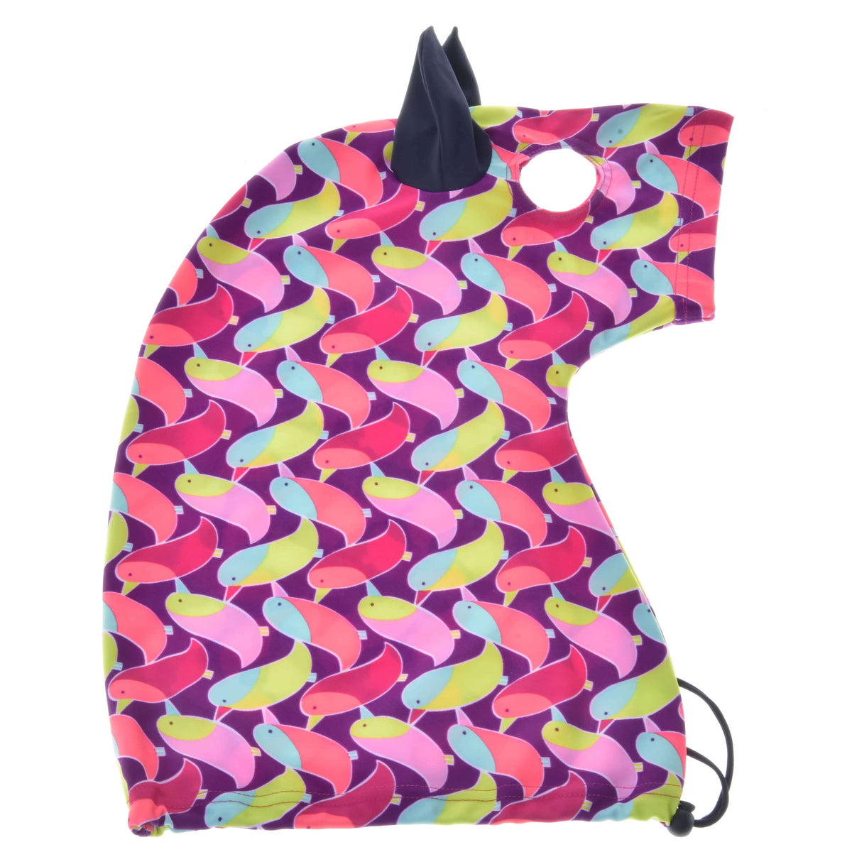 Hobby Horse védőruha Bird kiterítve: lila Lycra színes madármintával, sötétkék füllel és húzózsinóros alsó széllel