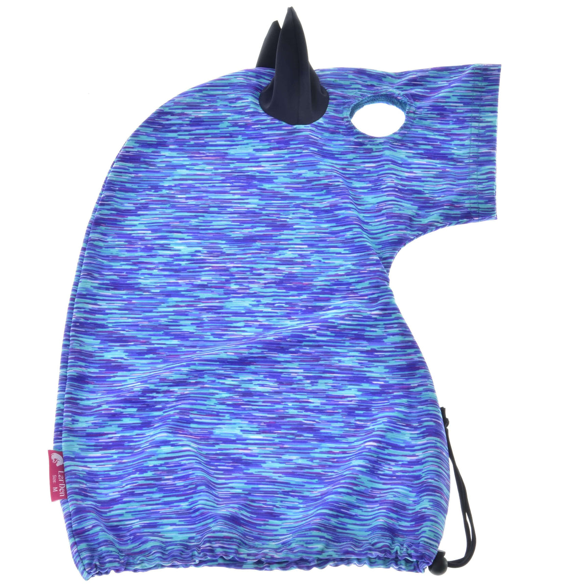 Hobby Horse protective suit Sea laid flat: streaked blue and purple Lycra with a navy ear, eye opening and drawstring hem