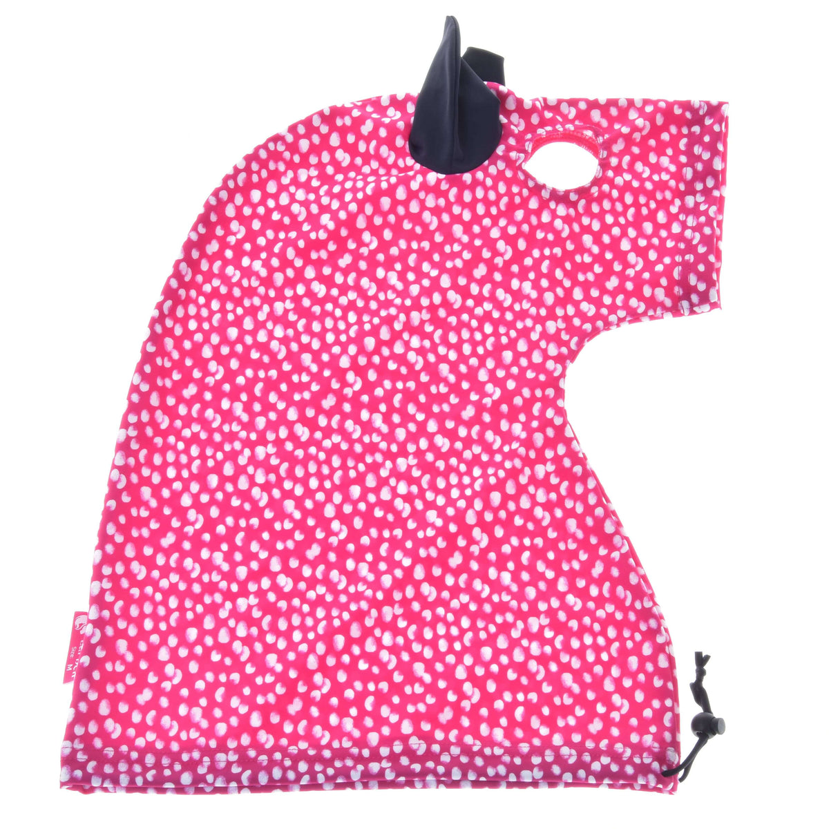 Hobby Horse protective suit Minie laid flat: pink Lycra with white spots, navy ear, eye opening and drawstring hem