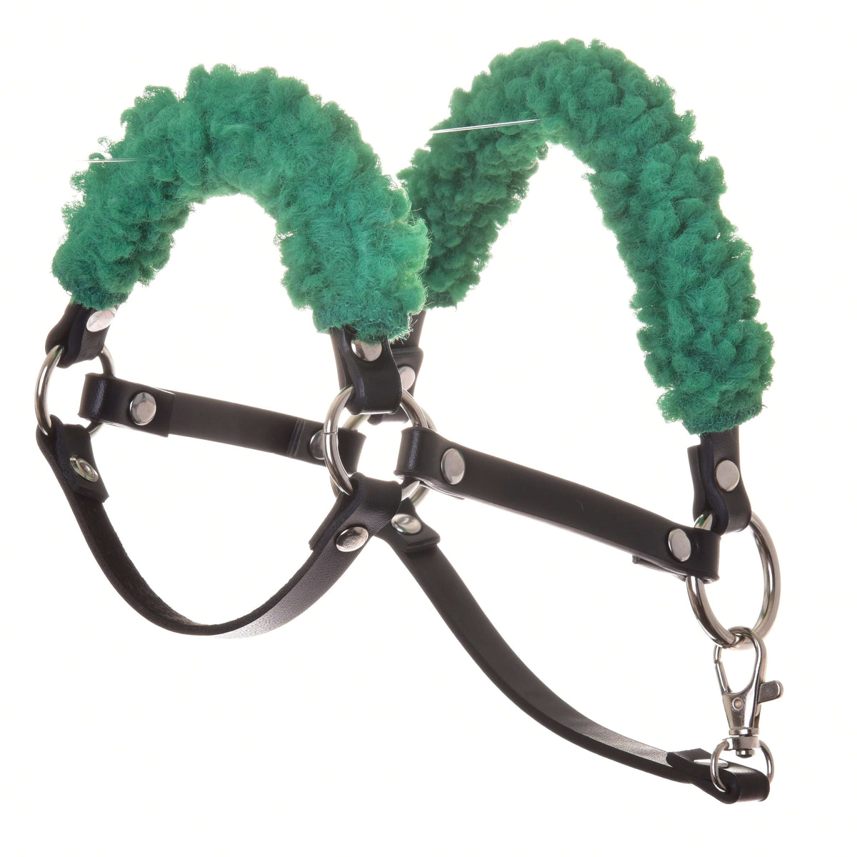 Hobby Horse Black halter with green fur by LarDen in black leatherette with curly green fur, silver rings and snap hook