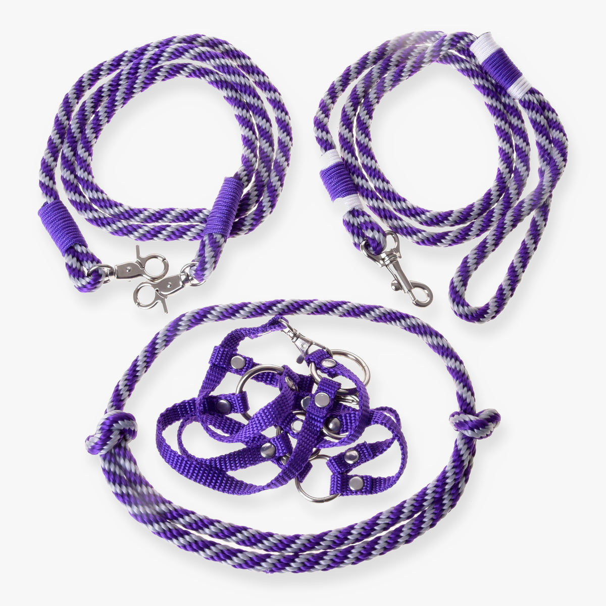 Hobby Horse Set Start Purple by LarDen: purple webbing halter, cordeo, lead rope and reins in purple and grey twisted rope