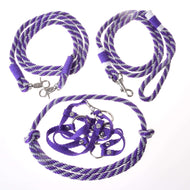 Hobby Horse Set Start Purple by LarDen: purple webbing halter, cordeo, lead rope and reins in purple and grey twisted rope