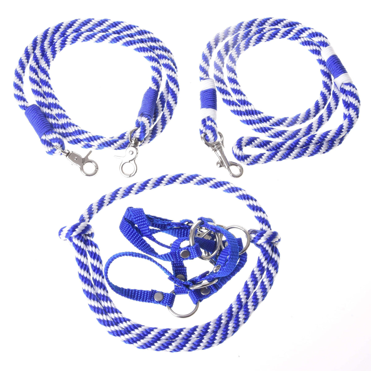 LarDen Hobby Horse Set Start blue: blue webbing halter, cordeo, lead rope and reins in blue and white rope