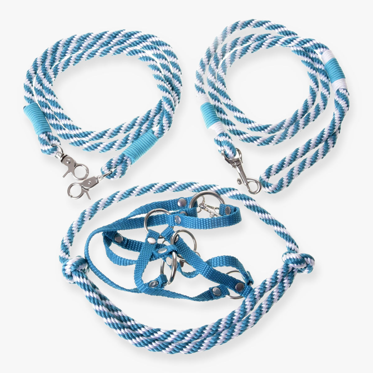 LarDen Hobby Horse Set Start Turquoise: webbing halter, cordeo, lead rope and reins in turquoise and white