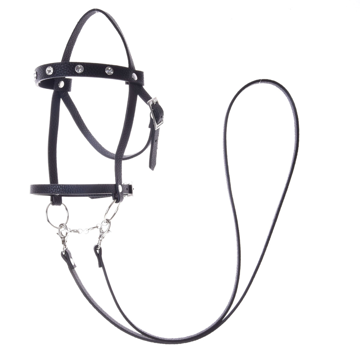 The complete Hobby Horse bridle in black leatherette laid out on white, with rhinestone browband, chain and long reins