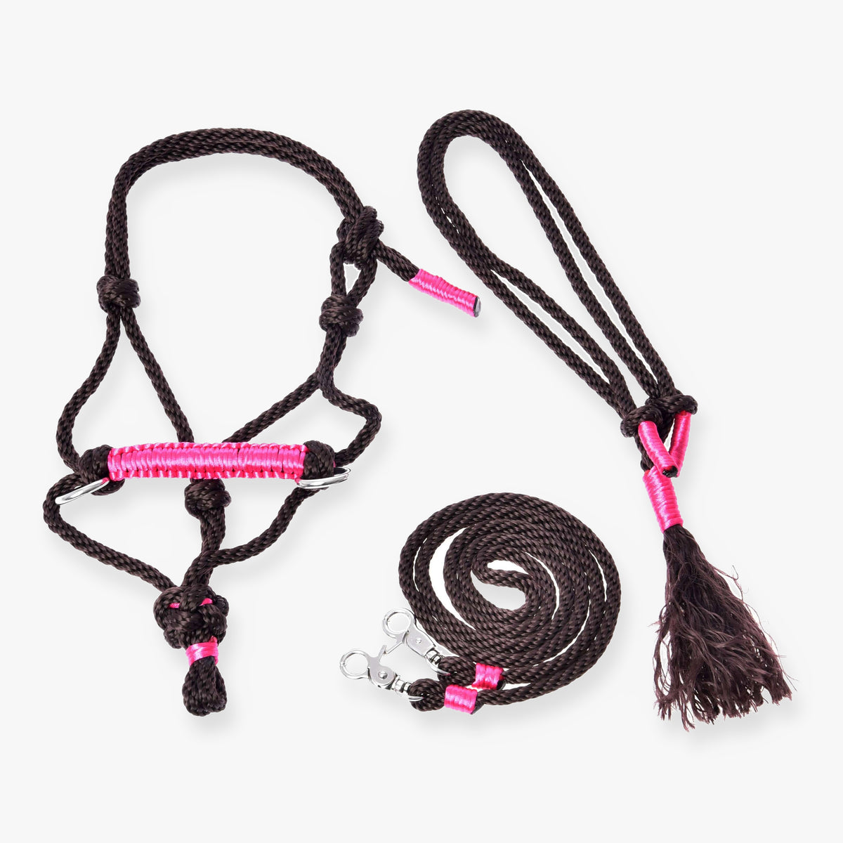 Hobby Horse Rope set Noir Cocoa by LarDen laid out on white: dark brown rope halter, tasselled neck ring and reins with pink wraps