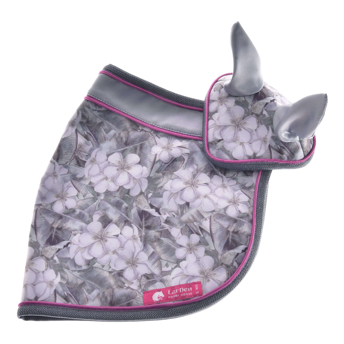 Hobby Horse Set Grey Flower laid flat on white: white blossoms on grey leaves and a pink LarDen label at the hem