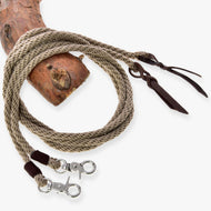 LarDen Hobby Horse Dallas osztott western kantárszár: bézs fonott kötél barna bőrvégekkel és ezüstszínű karabinerekkel