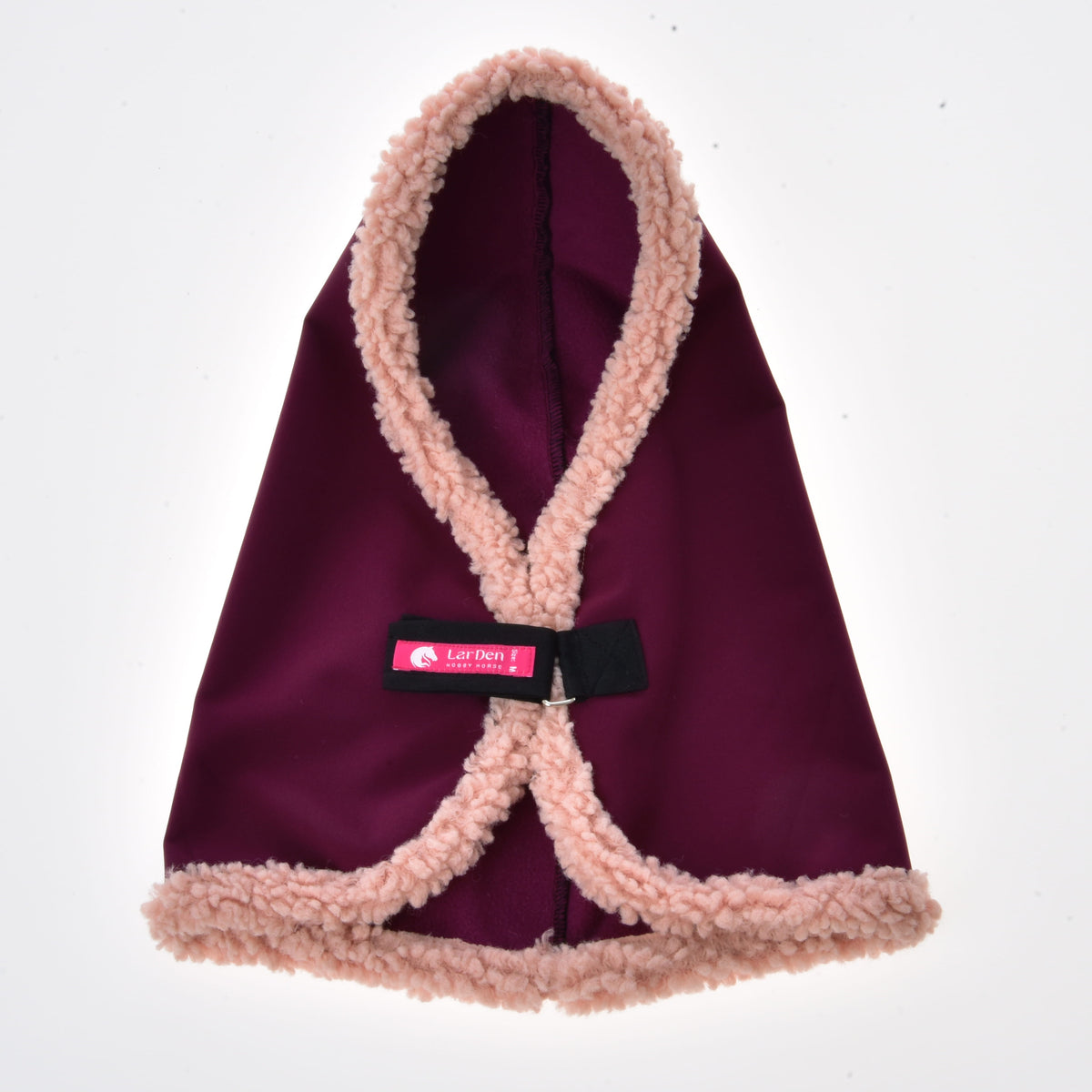 Stable Blanket Royal Burgundy for Hobby Horse laid open at the front, with the chest strap, pink LarDen label and fleece edging