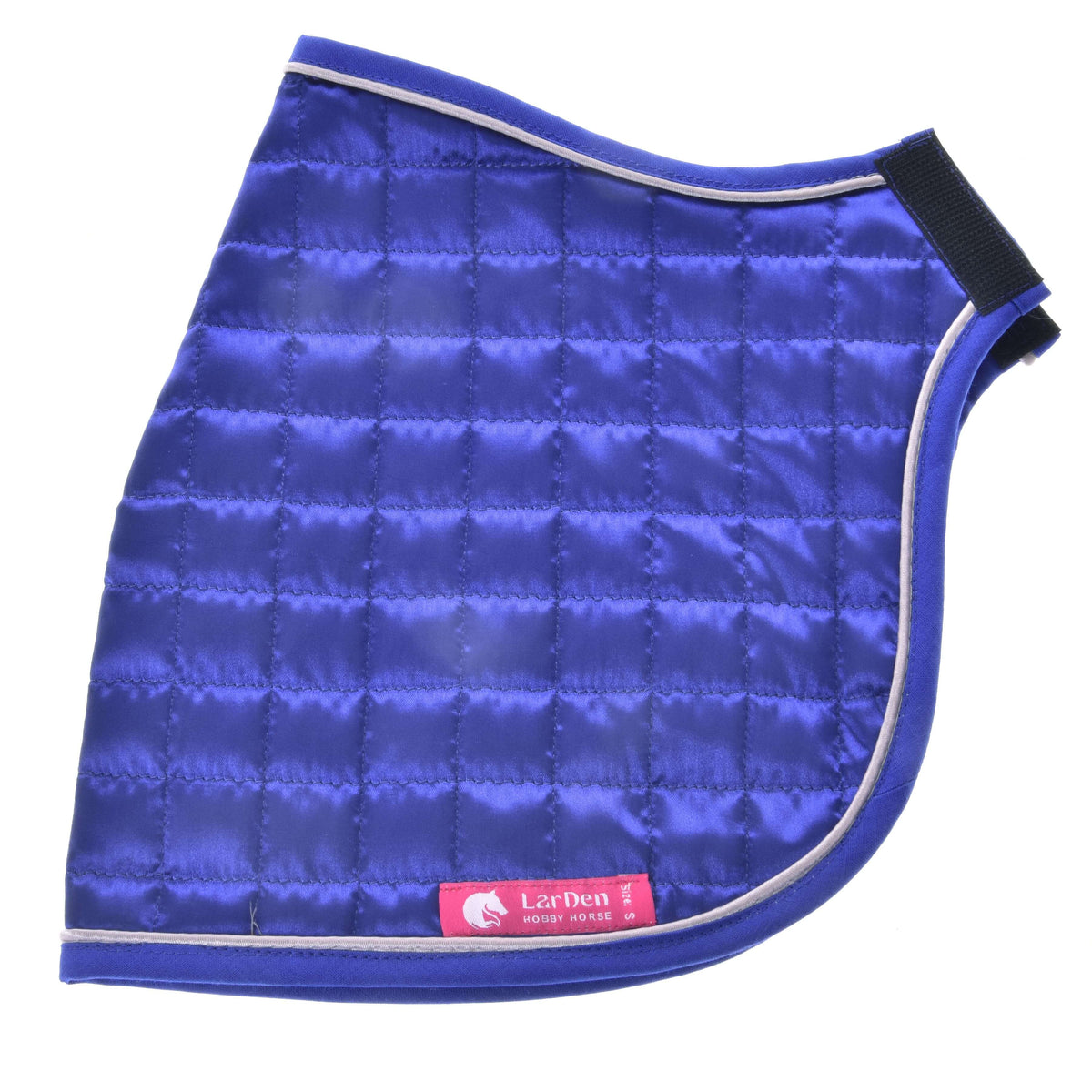 A DeLuxe Blue Hobby Horse takaró kék oldala kiterítve: fényes négyzetes steppelés szürke paszpóllal és fekete nyakpánttal