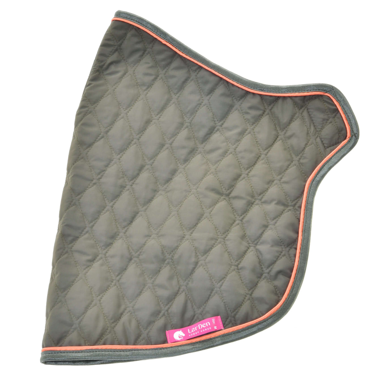 Olive green blanket laid flat, showing diamond quilting, orange piping and a pink LarDen label
