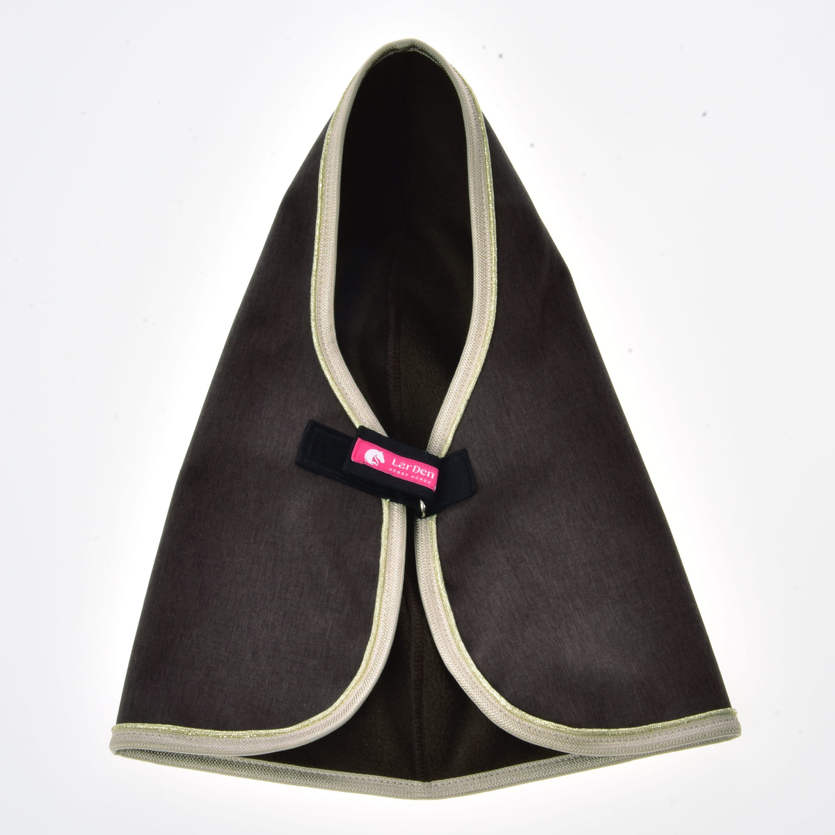 Stable Blanket Brown Majesty for Hobby Horse laid open at the front, with the chest strap, pink LarDen label and brown lining
