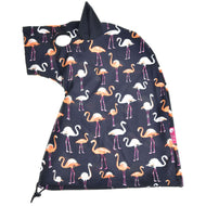Flamingo protective suit laid flat from the side, black Lycra with orange and white flamingos, a black ear and drawstring