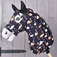 Hobby Horse Protective suit Lycra Flamingo by LarDen on a grey head, black with orange and white flamingos and black ears