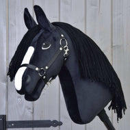 Hobby Horse Freya with Black Halter by LarDen, a black plush head with a white blaze and a long black yarn mane