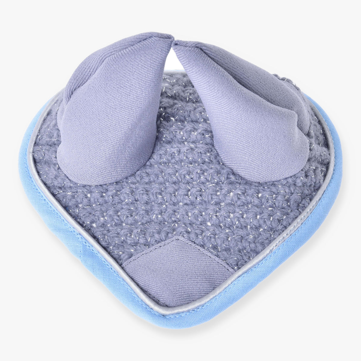 Hobby Horse Ear bonnet crocheted grey by LarDen, glittery grey crochet with grey ears and a light blue trim
