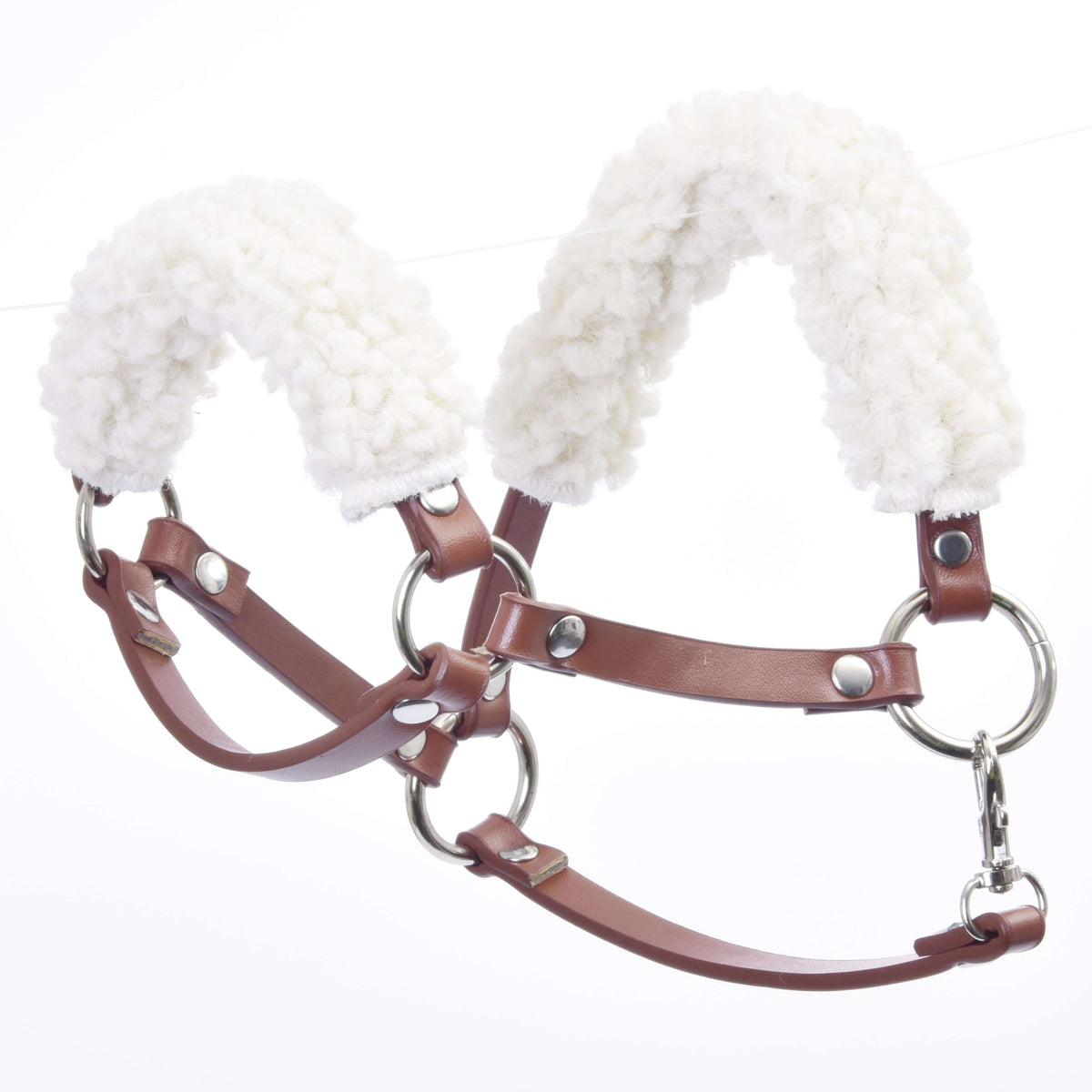 LarDen Hobby Horse Brown halter with fur - leatherette in cognac brown, fluffy white fur on crown and noseband, silver rings