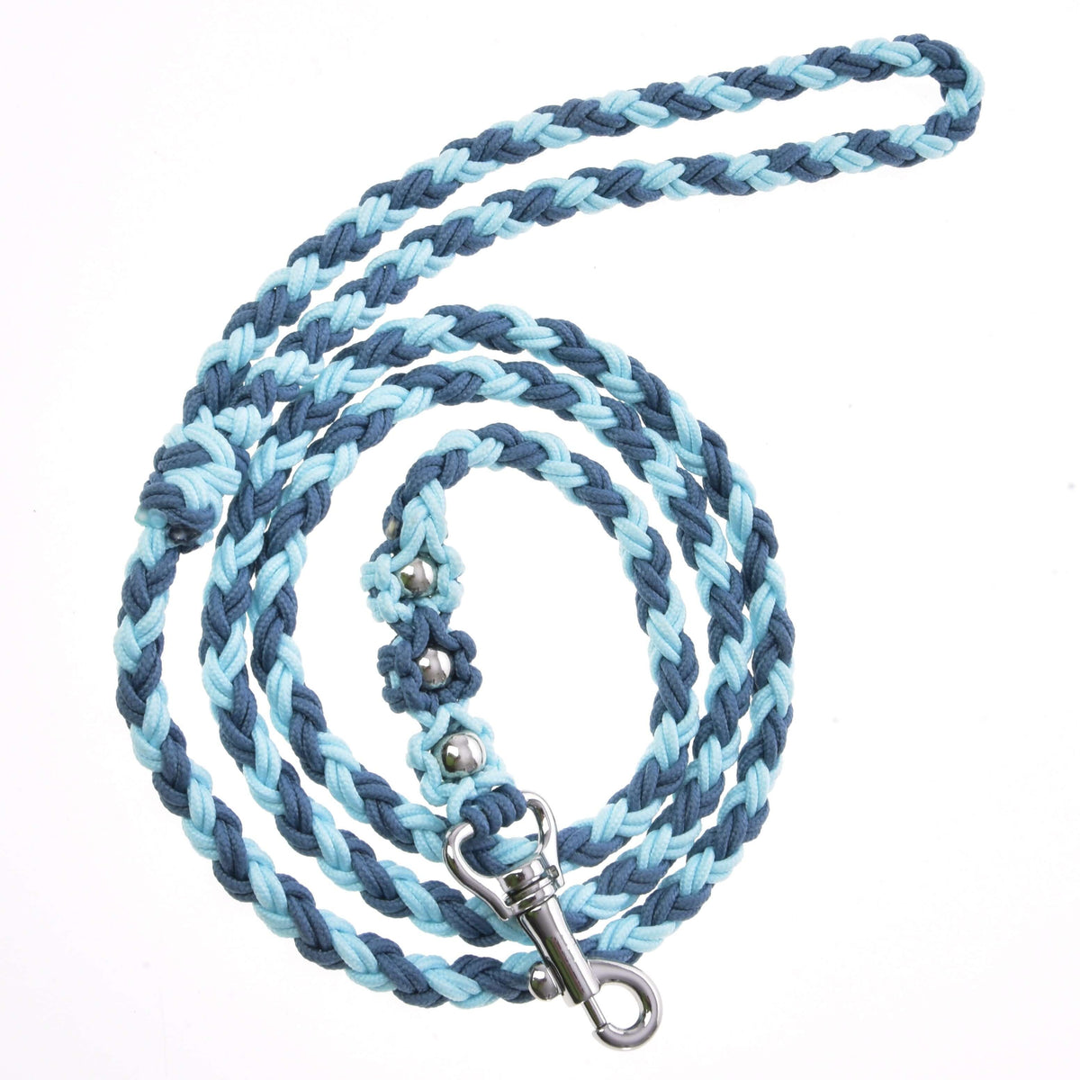 LarDen Hobby Horse vezetőszár Bloom Blue: fonott világos- és sötétkék paracord vezetőszár ezüst gyöngyökkel és karabinerrel