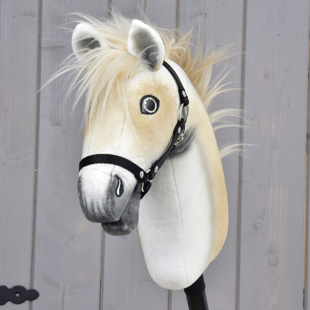 Hobby Horse Honey Pearl from the front, blond faux fur forelock between the ears and a black webbing halter