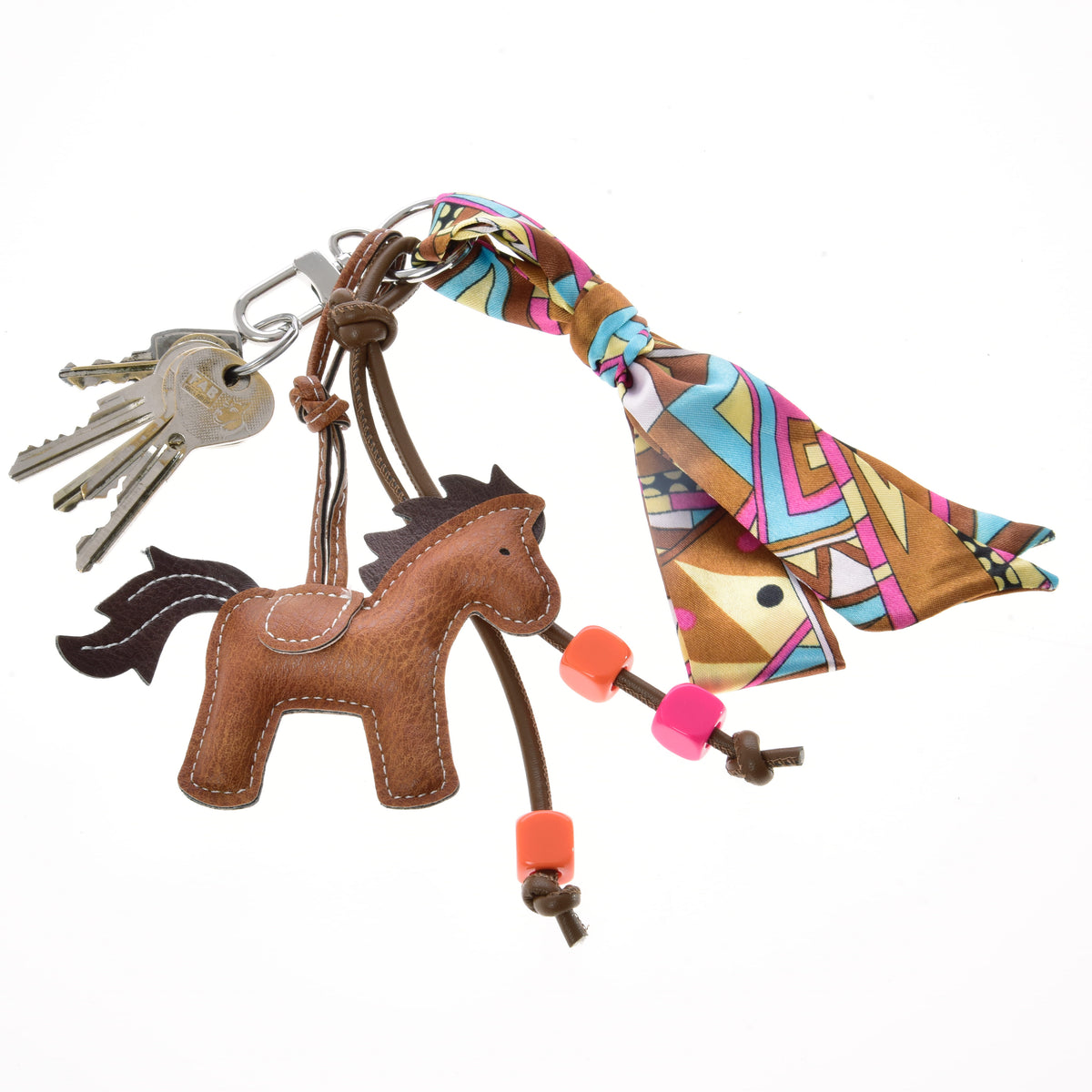 Hobby Horse kulcstartó Horse Brown a LarDen kollekciójából: barna ló alakú függő sötét sörénnyel, narancssárga és rózsaszín gyöngyökkel és színes kendővel
