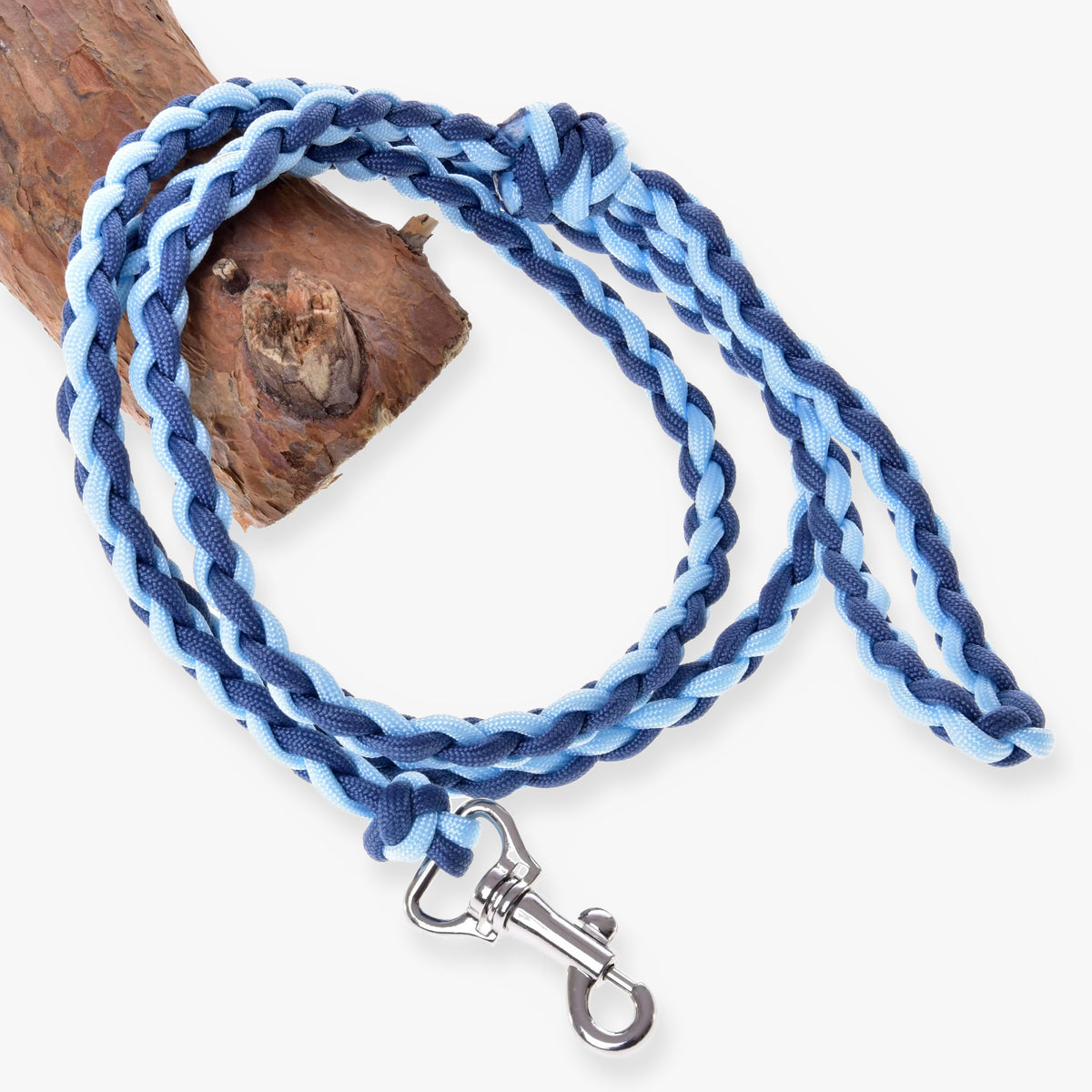 LarDen Hobby Horse vezetőszár Knitted Double Blue: sötétkék és világoskék fonott paracord vezetőszár ezüst karabinerrel
