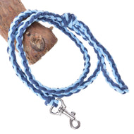 LarDen Hobby Horse Knitted Lead Rope Double Blue, braided paracord lead in dark and light blue with a silver snap hook