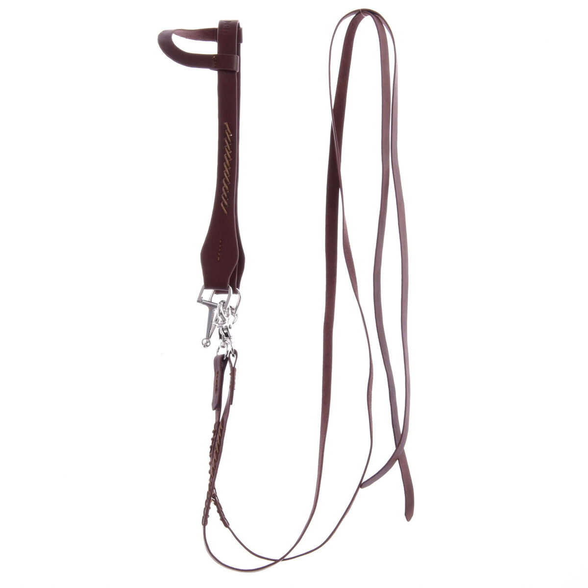 The One-Ear bridle laid out on white: brown headstall with ear loop, stitched cheekpiece, snap hooks and long split reins