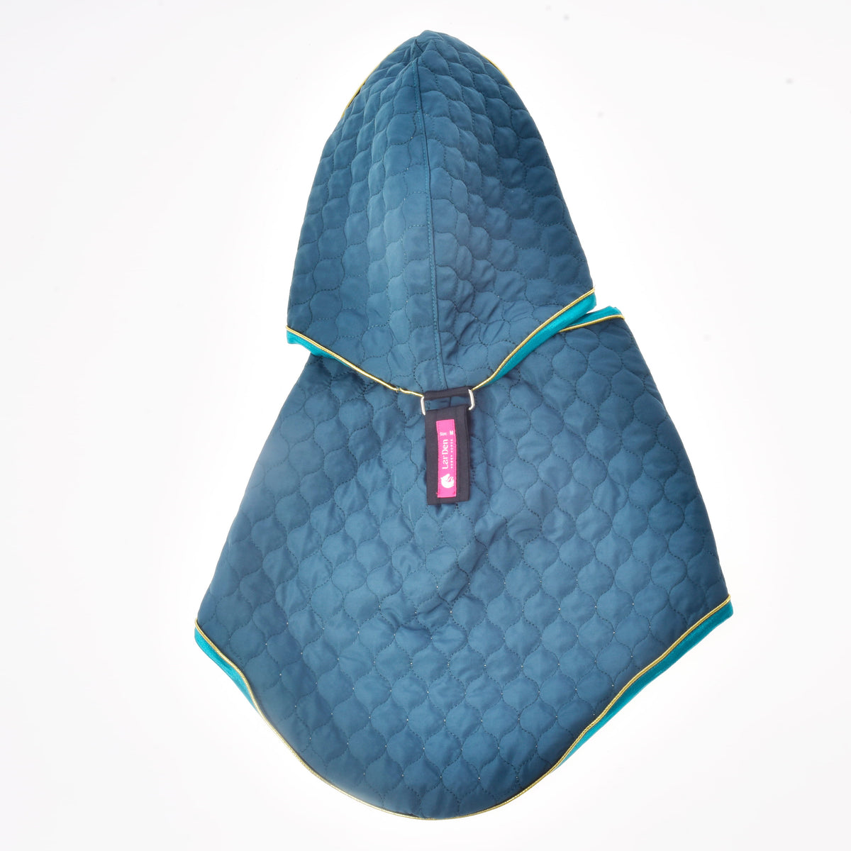 Dark teal quilted neck cover of the Hobby Horse Blanket with removable neck cover Lagoon, with a pink LarDen label