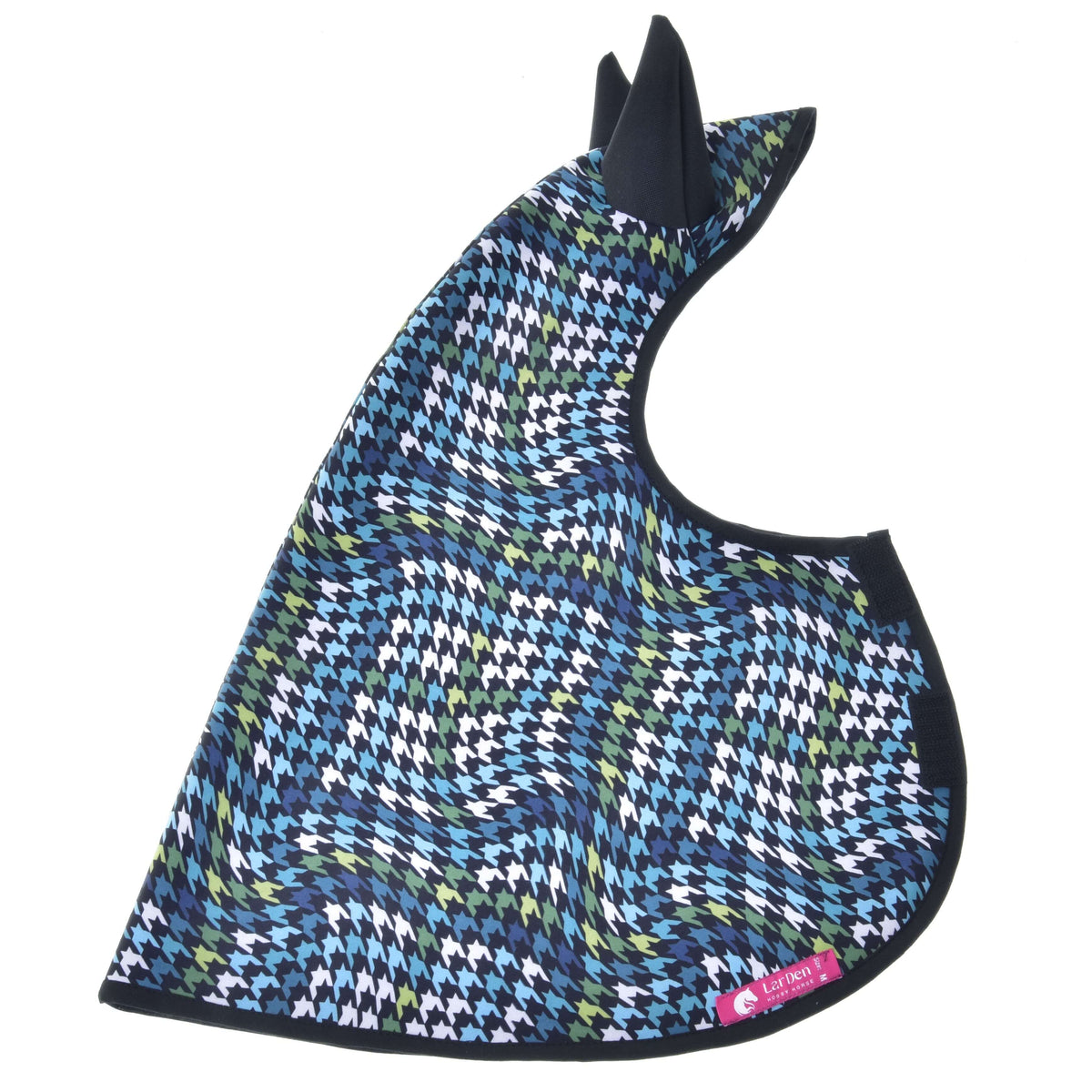 Hobby Horse esőtakaró Lara fehér alapon kiterítve: tyúklábmintás anyag, fekete fülek, fekete szegély és rózsaszín LarDen címke