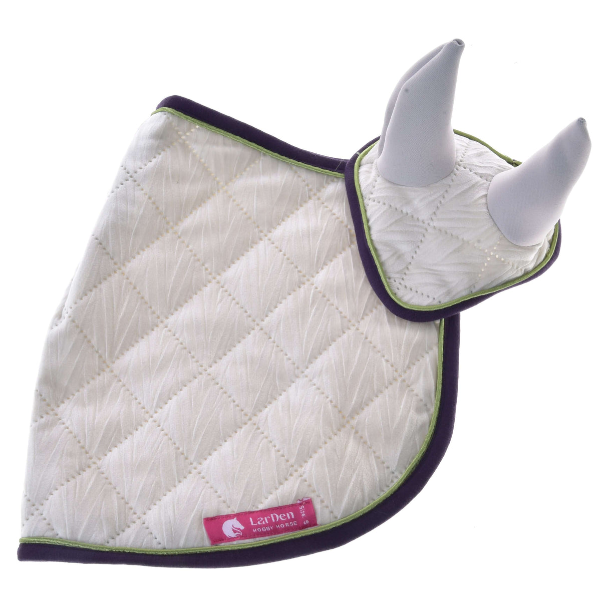 Hobby Horse Set Leonardo laid flat on white, showing the embossed leaf texture of the ivory fabric and a pink LarDen label