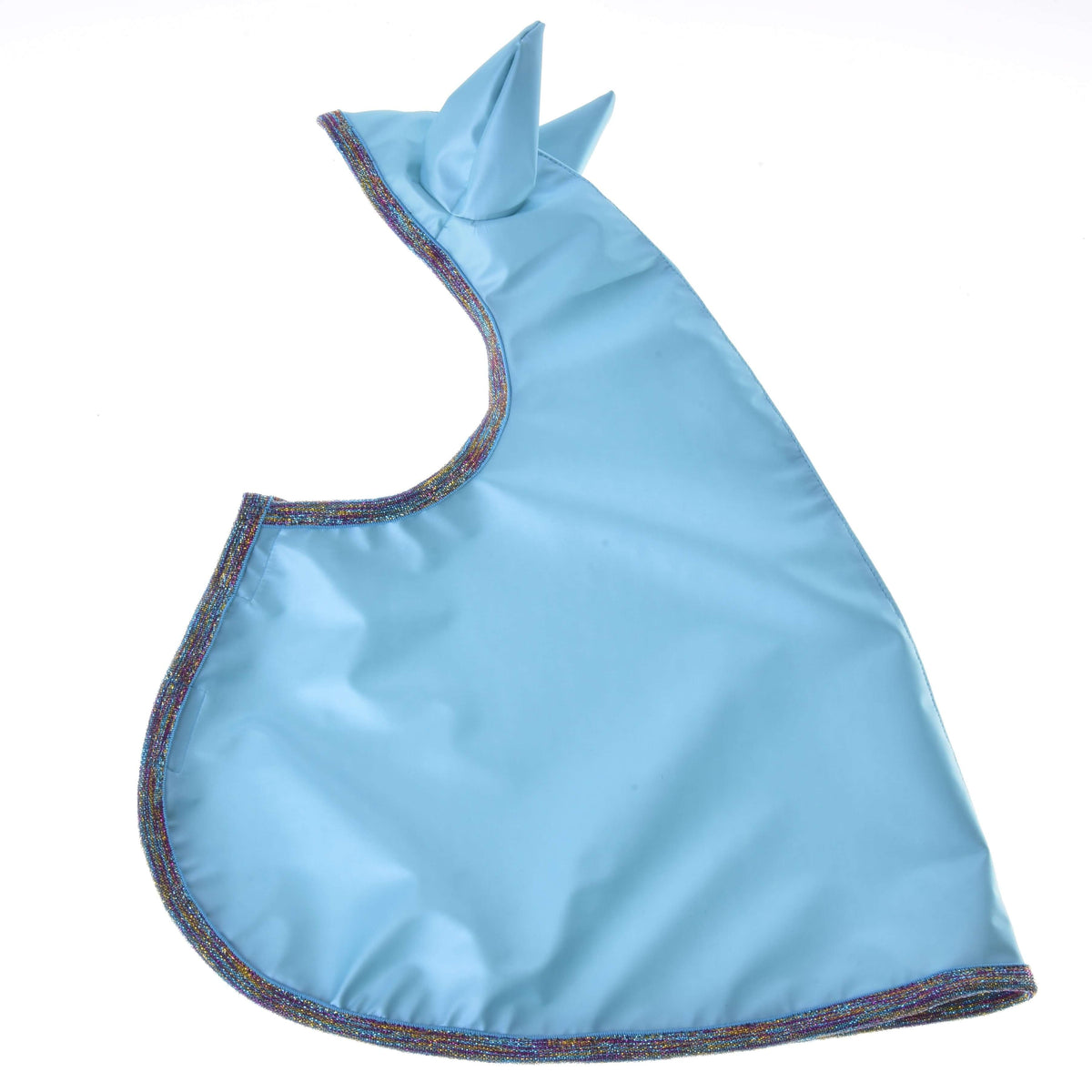 Hobby Horse Raincoat Light Blue laid flat on white, smooth glossy fabric with built-in ears and rainbow glitter trim