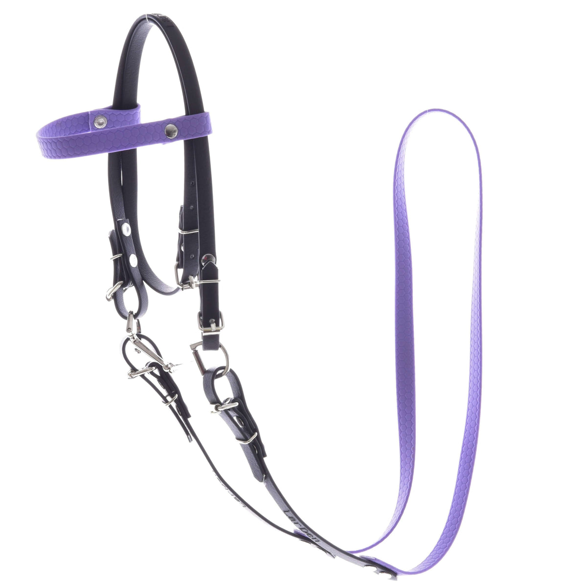 LarDen Hobby Horse komplett kantár orrszíj nélkül, Light Purple: fekete szíjak orgonalila homlokszíjjal és kantárszárral