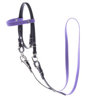 LarDen Hobby Horse komplett kantár orrszíj nélkül, Light Purple: fekete szíjak orgonalila homlokszíjjal és kantárszárral
