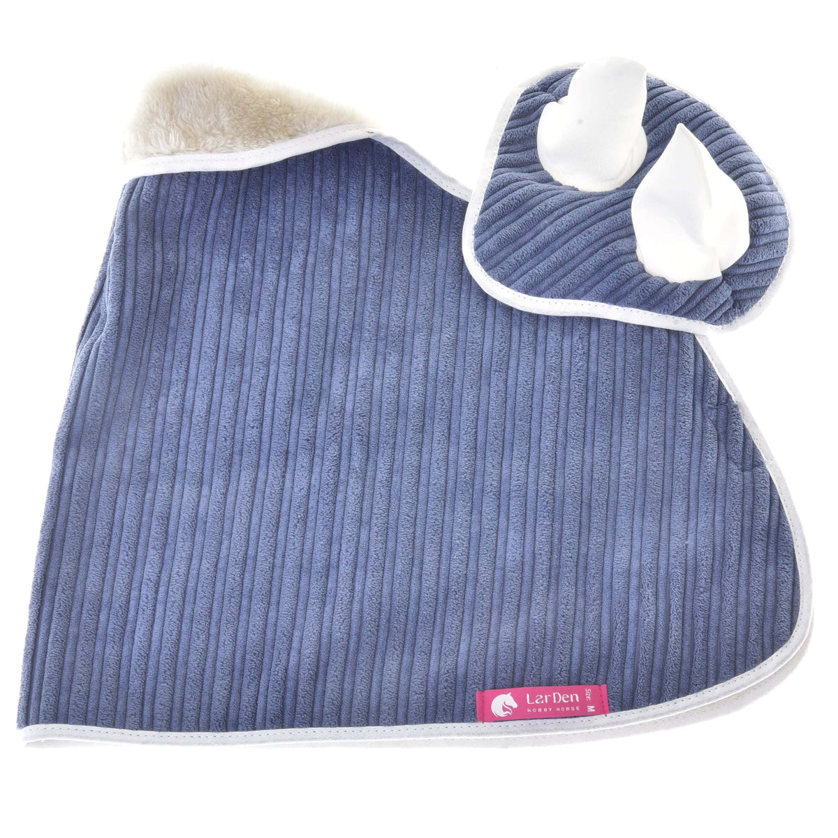 Hobby Horse Set Manchester Plum laid flat: ribbed blue blanket with fleece-lined neck and ear bonnet with white ears