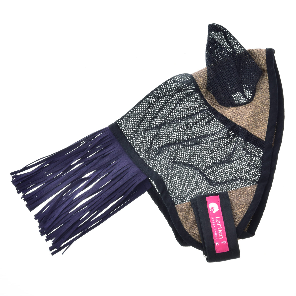 Fly mask laid flat with black mesh, a brown-beige woven panel, purple fringe and a pink LarDen label on the strap
