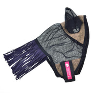 Fly mask laid flat with black mesh, a brown-beige woven panel, purple fringe and a pink LarDen label on the strap