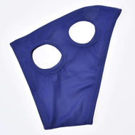 Navy Horse Mask without ears for Hobby Horses laid flat, with round stitched openings for the eye and the ear