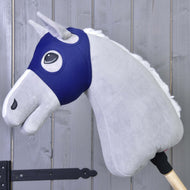 Horse Mask without ears LarDen in navy stretch fabric on a grey plush Hobby Horse, its own ears poking through