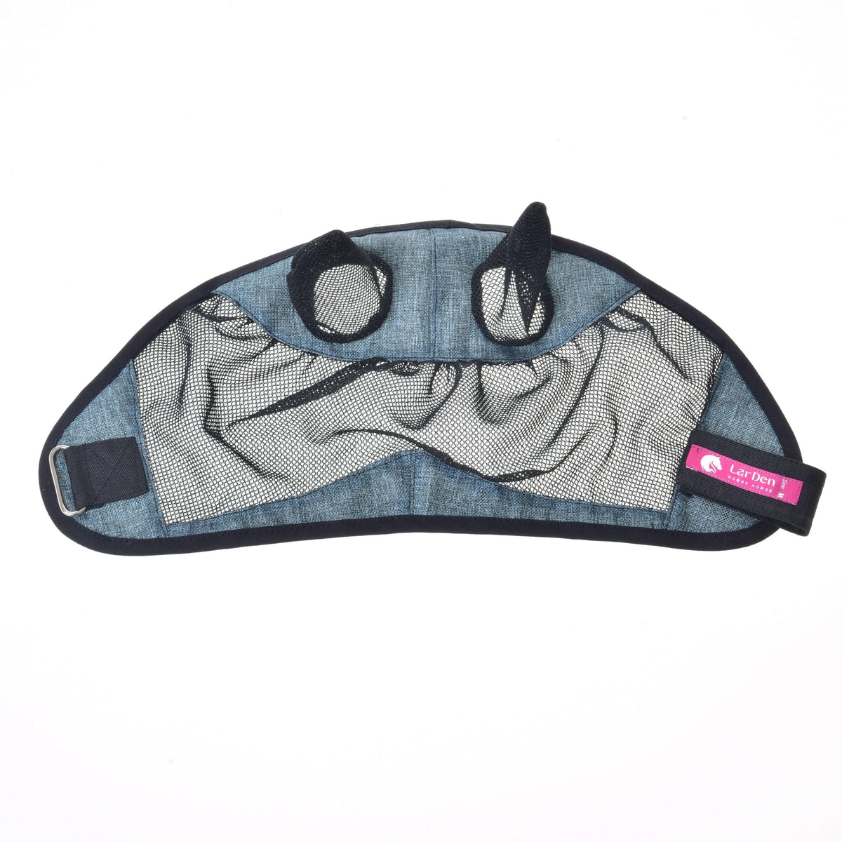 Hobby Horse Fly Mask De Luxe Turquoise laid flat, mesh panel, ear openings and strap with the pink LarDen label