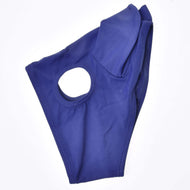 Navy Horse Mask with ears for Hobby Horses laid on white, showing one eye opening and a sewn-in ear cover