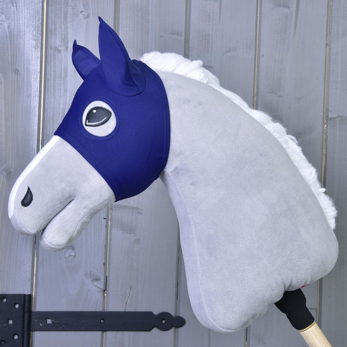 Horse Mask LarDen with ear covers in navy stretch fabric, worn by a grey plush Hobby Horse with a white mane
