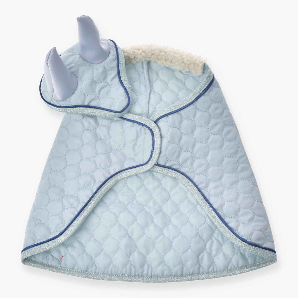 LarDen Hobby Horse Set Mint: pale blue quilted blanket and ear bonnet with blue-grey ears, navy piping and a cream fleece collar