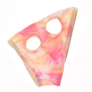 Horse Mask without ears Mirage for Hobby Horse laid flat, pastel pink and peach tie-dye with round ear and eye openings