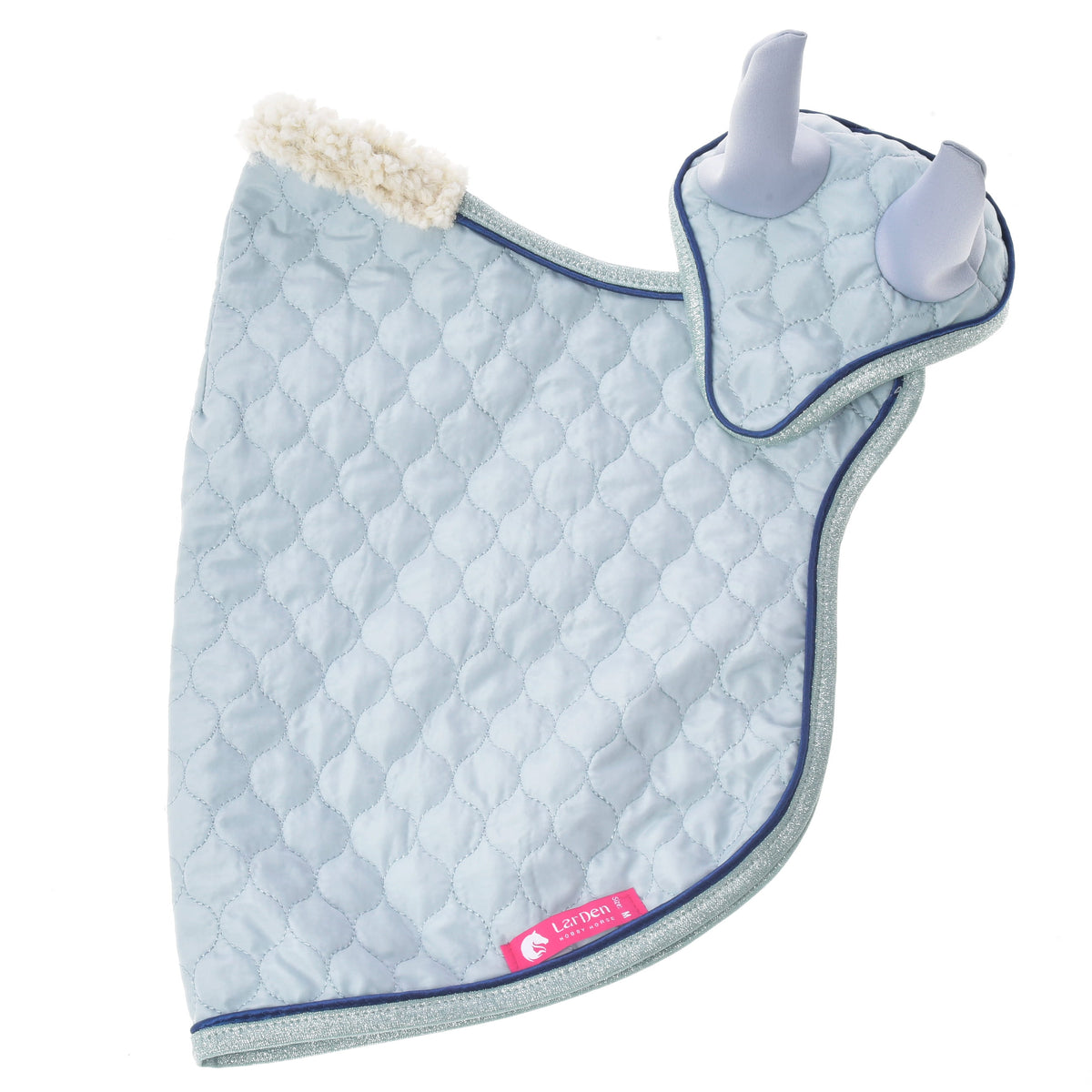 Set Mint for Hobby Horse laid flat from the side, pale blue quilted blanket and ear bonnet with the pink LarDen label