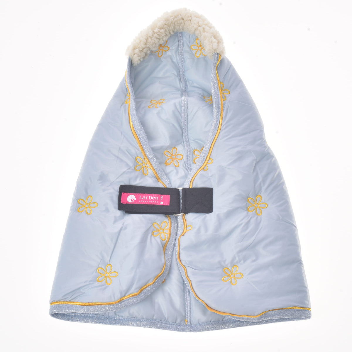 Stable Blanket Misty for Hobby Horse opened at the front, showing the chest strap with the pink LarDen label