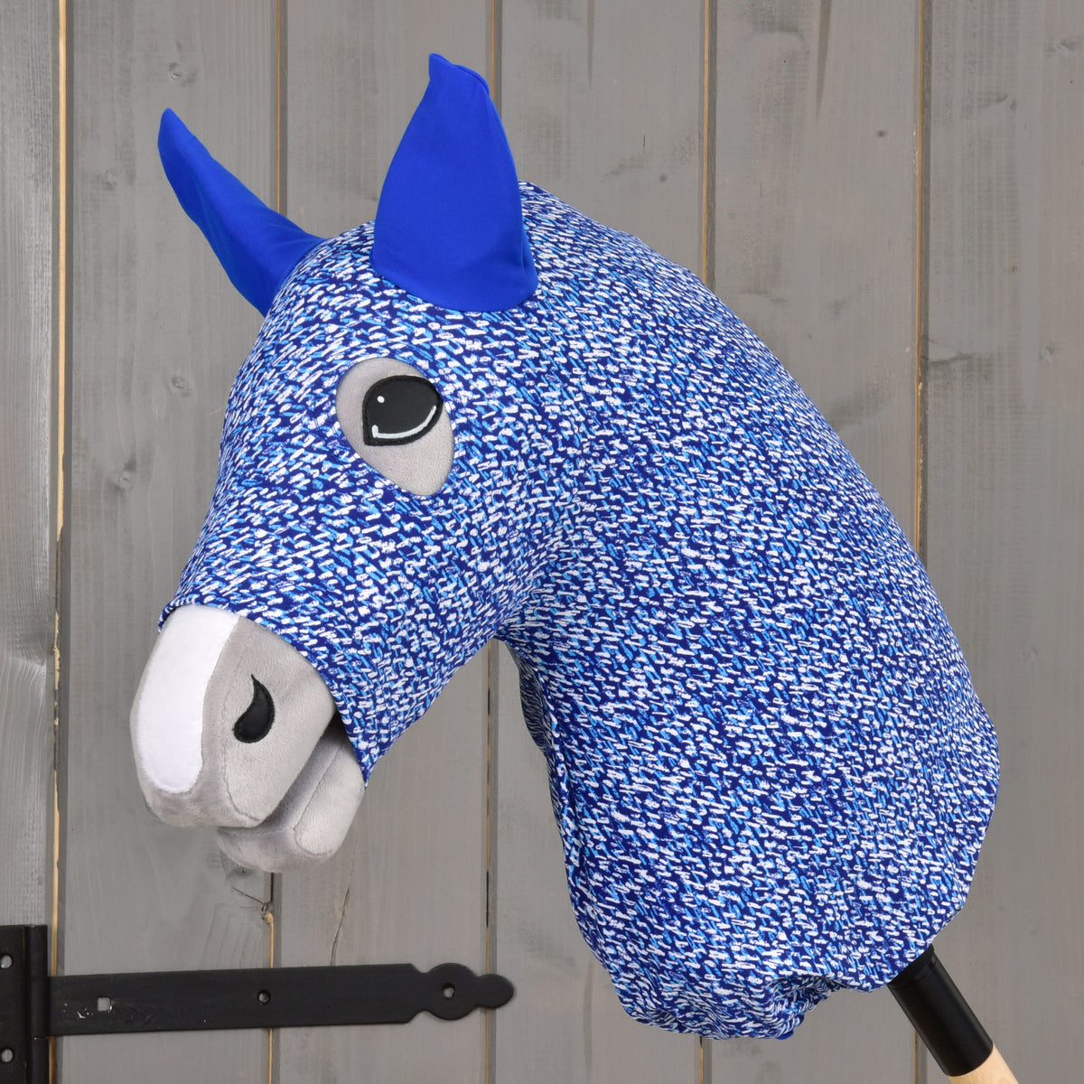 Hobby Horse protective suit See by LarDen in royal blue with a white and light blue dash print and bright blue ears