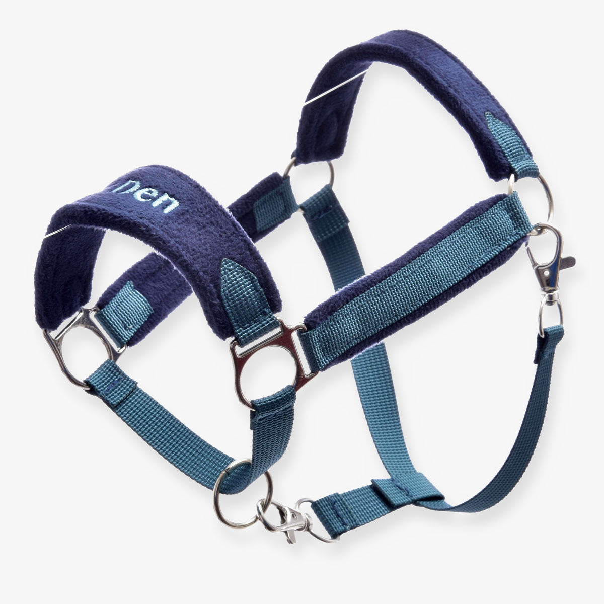 Hobby Horse szőrmés kötőfék LarDen Blue sötétkék polárpárnázással, kékeszöld hevederszíjakkal, ezüst karikákkal és karabinerrel